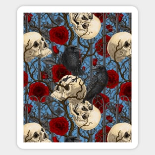 Raven's secret. Dark and moody gothic illustration with human skulls and roses Sticker